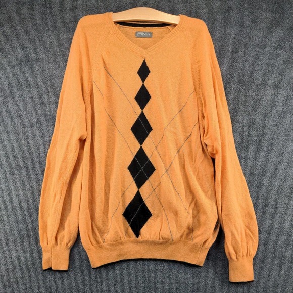 Ping Collection Men's Knit Sweater Orange M Argyle Diamond V-Neck - Picture 2 of 12